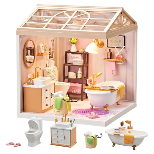 DIY Miniature Bathroom Play Kit with 101Pcs, 1:20 Scale Dollhouse Washroom Furniture with LED Light, Realistic Accessories & Connectable Base Room, Tiny House Toy for Adults & Kids 8+