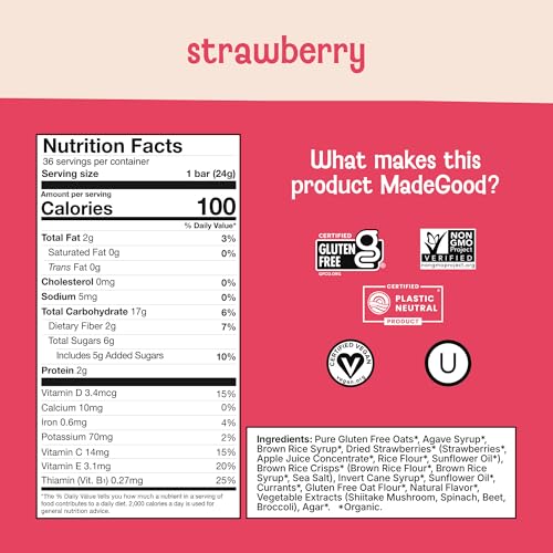 Image of MadeGood Strawberry Chewy Granola Bars, 36 Pack, 0.85 oz Each, Snack Bars