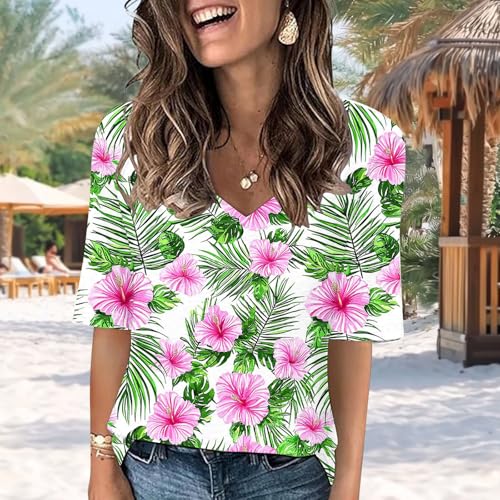 Women Floral Summer Tee Tops Dressy Casual Blouse Short Sleeve V Neck Loose Fit T Shirts Trendy Boho Clothes 20254