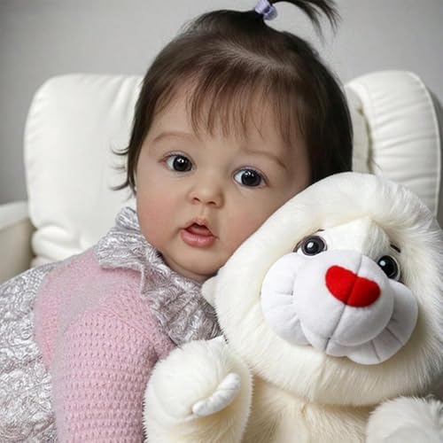 DOYSDJH Reborn Baby Mädchen 22 Zoll 55cm, Lebensecht Reborn Baby Vollsilikon Rosa Kleid Mit Spitzenkragen, Weiche Stoffpuppe Mit PlüSchtier, Sammler- Und Spielpuppe Reborn Babypuppe Mit Zubehör – Bild 5