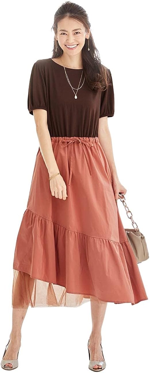 Amazon Co Jp Nissen ニッセン ワンピース ドレス 無地 無地調 大きいサイズ 異素材切替チュール使いロングワンピース Otonasmile 服 ファッション小物