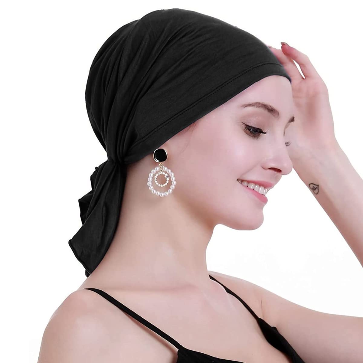 Head Scarf For Female Cotton Elastic Chemo Caps Headwear Turban, Pre-Tied Cancer Cap Headscarf Slip On Headwrap for Hair Loss Or Thin Hair