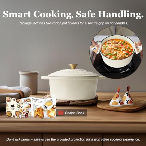 اوفرمونت وعاء طهي دائري من الحديد الزهر المطلي بالمينا سعة 4.2 لتر مع غطاء وكتاب طبخ وحوامل قطنية - اواني طهي هولندية غير لاصقة للفرن للطهي والطهي والتحميص والخبز - ابيض، 24 سم
