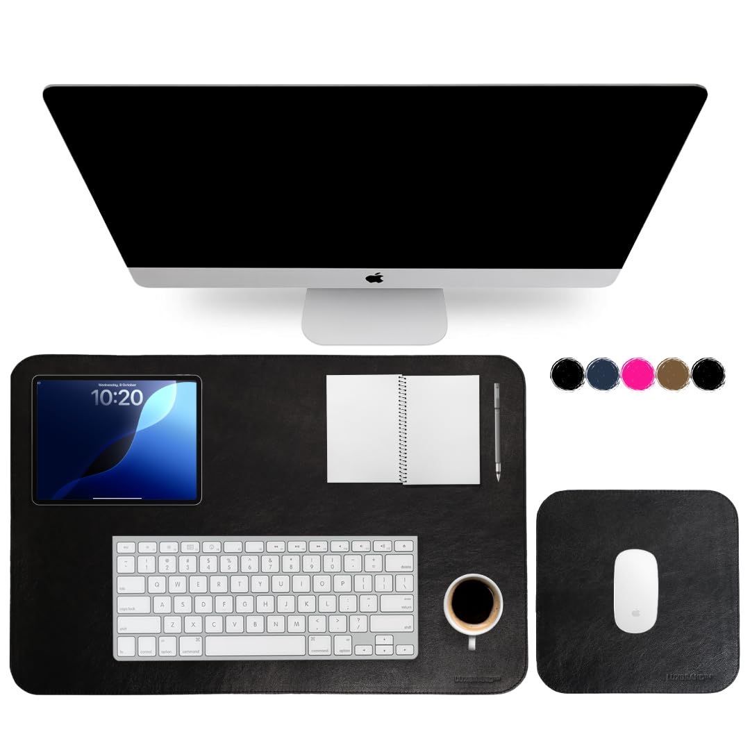 Sous-main de bureau en cuir véritable – Tapis de bureau XXL 60×40 + tapis de souris 23×23 – Set premium pour clavier, souris et PC – Fait main en Italie – Surface élégante et antidérapante (Noir)
