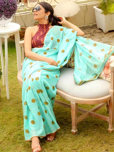 Image of Sidhidata Women's Polka Dot Printed Linen Cotton Saree With Unstitched Blouse Piece (Laddu Free Size)