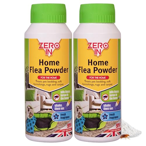 Zero In Home Flea Powder - Flea Treatment for House Kills Fleas & Larvae Absorbs Odours - Carpets Rugs Furniture & Pet Bedding Fresh Aroma 10m Coverage Wood Floor Safe - 300g x 2 Multi-Pack