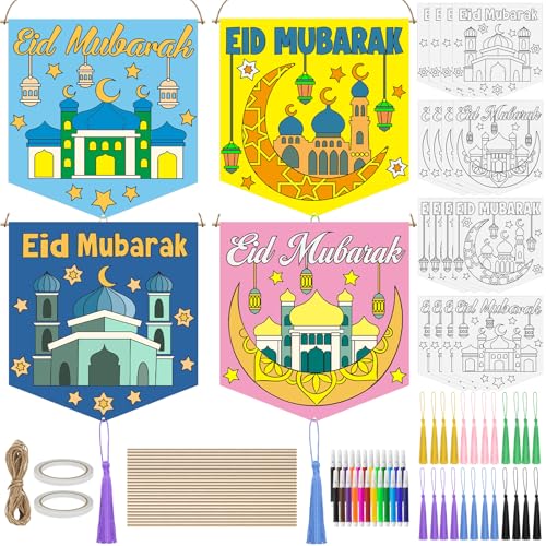 Cinrobiye 24 Sets Ramadan DIY Coloring Banner Kit Eid Mubarak Craft Decorations Islamic Party Activity Classroom Family Ramadan Festival Supplies