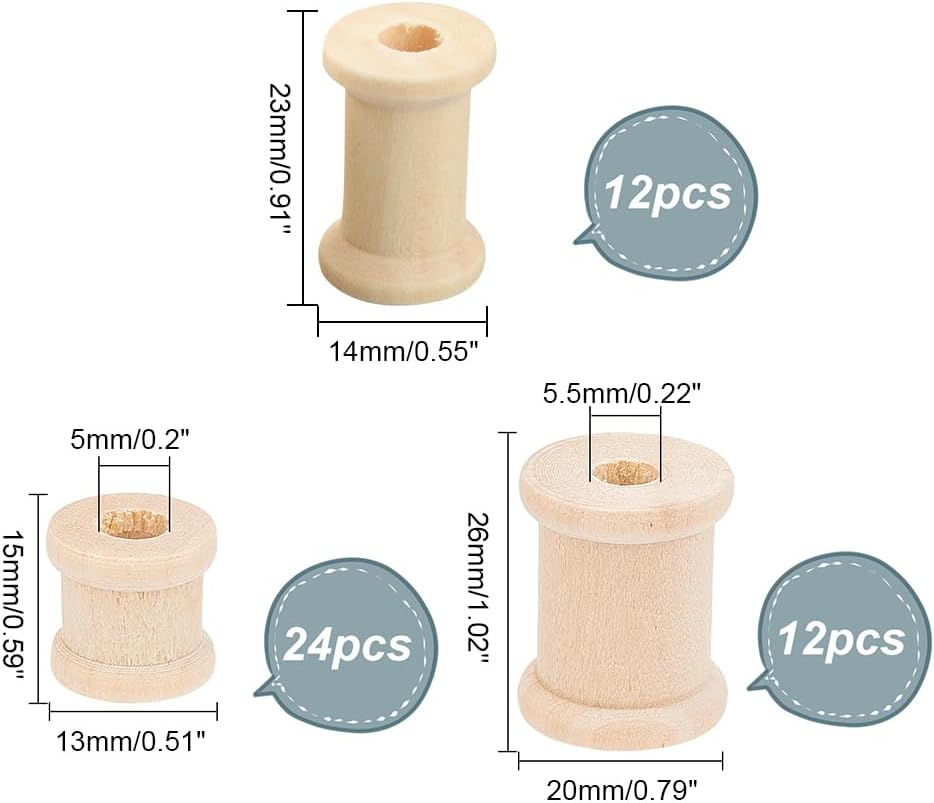 PH PandaHall 48pcs Wooden Spools, 3 Sizes Empty Bobbins Wood Sewing Embroidery Thread Spool Wire Weaving Bobbins for Embroidery and Sewing Machines Arts Crafts Thread Cord Roll 0.79~1 inch