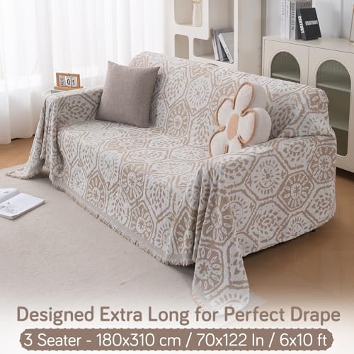 Image of HOKIPO 320 GSM Chenille Sofa Throw Blanket for 3 Seater Sofa - Printed All-Season Sofa Cover, 'Serene Abode Series' Boho Floral Tile (180x310 cm) (AR-6633-D5)