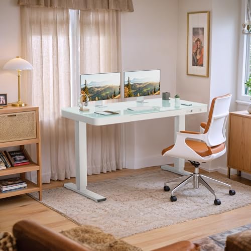 Image of Furmax Electric Glass Standing Desk with Drawer 48 x 24 Inch Adjustable Height Stand up Desk One-Piece Board Pre-Assembled Home Office Computer Desk with USB Ports, Glass Top