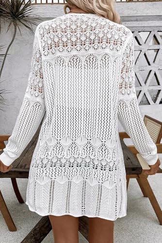Women's White Crochet Hollow Out Open Front Cardigan3