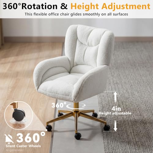 Image of FOXHUNTER Vanity Chair with Ergonomic Back & Wheels, 360 Swivel Accent Chair, Adjustable Height Home Office Chair for Living Room, Bedroom (Teddy,White)