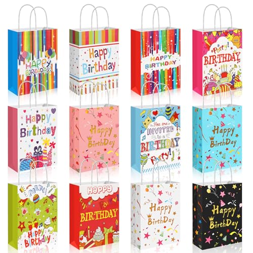 UPINS 12 bolsas de regalo de cumpleaños coloridas de papel kraft con asa, para envolver regalos, regalos de cumpleaños infantiles, decoración