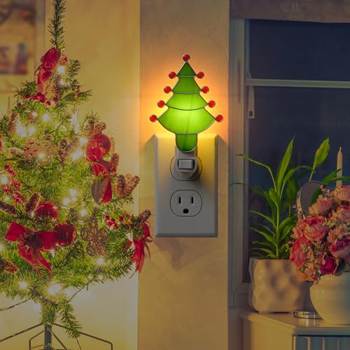 Image of Stained Glass Christmas Tree Night Light Plug into Wall for Home | Stained Glass Chrome Pretty Night Lights Plug in,7W Warm Light Decorative Accent Nightlight Gift for Grandkids Christmas