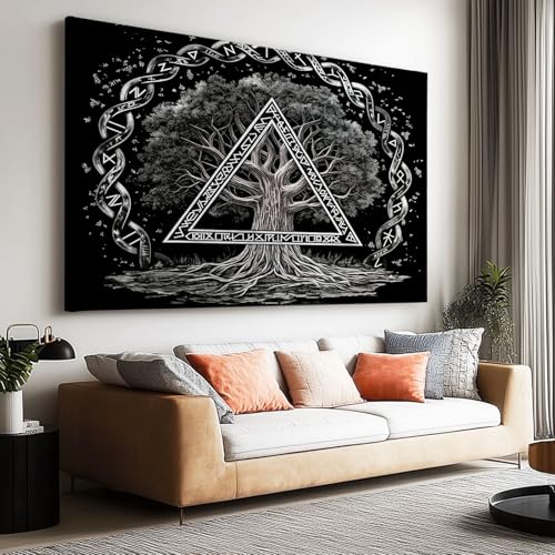 Peinture à l'huile Branches de Vigne Affiche Toile Art Mural Peinture, Tableau sur Toile Arbre de Vie Runique Viking pour Décoration de Salon Décoration d'intérieur...