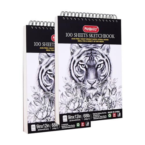 PANDAFLY 9x12\" Premium Sketch Book Set, 2-Pack, 100 Sheets Spiral Bound Art Sketchbook, Acid Free (68lb/100gsm) Artist Drawing Book Paper Painting Sketching Pad, Ideal for Kids, Beginners, Artists