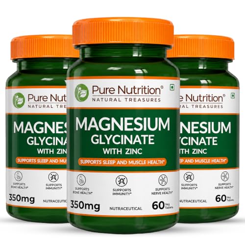 Image of Pure Nutrition Magnesium Glycinate + Zinc (350mg), 180 Veg Tablets (60x3) | For Bone, Muscle & Nerve Health l Better Relaxation & Sleep Quality | Helps Ease Period Cramps | Supports Stress Relief & Heart Health