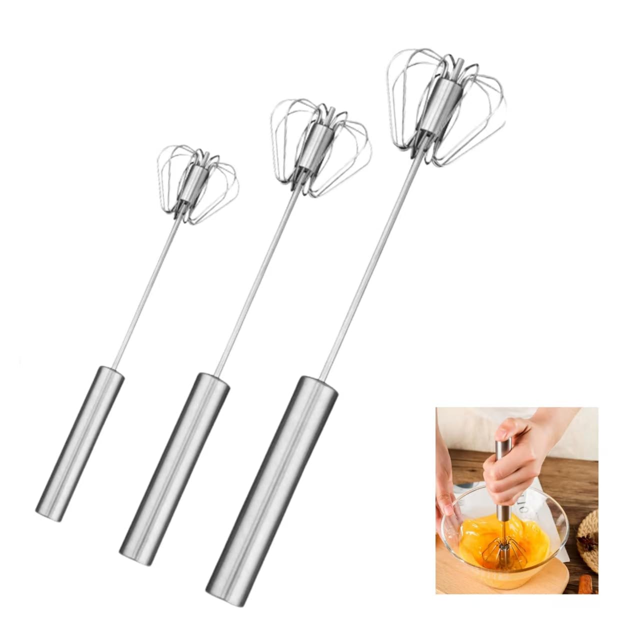 Premium Stainless Steel Hand Whisk Rotating Mixer With 5000 Press Action Multi-Purpose Kitchen Tool for Eggs Cream Powder