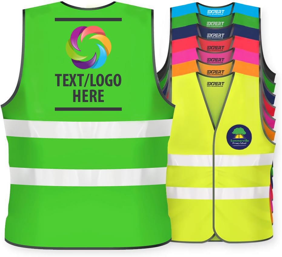 Expert Workwear Unisex Personalised Kids High Visibility Safety Vest Children Hi Vis Printed Waistcoat Reflective Jacket Lightweight EN1150 (Lime, 10-12 Years)
