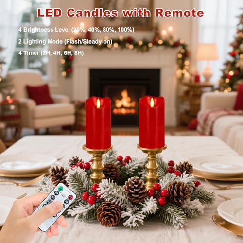 Image of Red Flameless Candles Set of 2, 6 inchx3 inch Christmas Candles with Remote & Timer