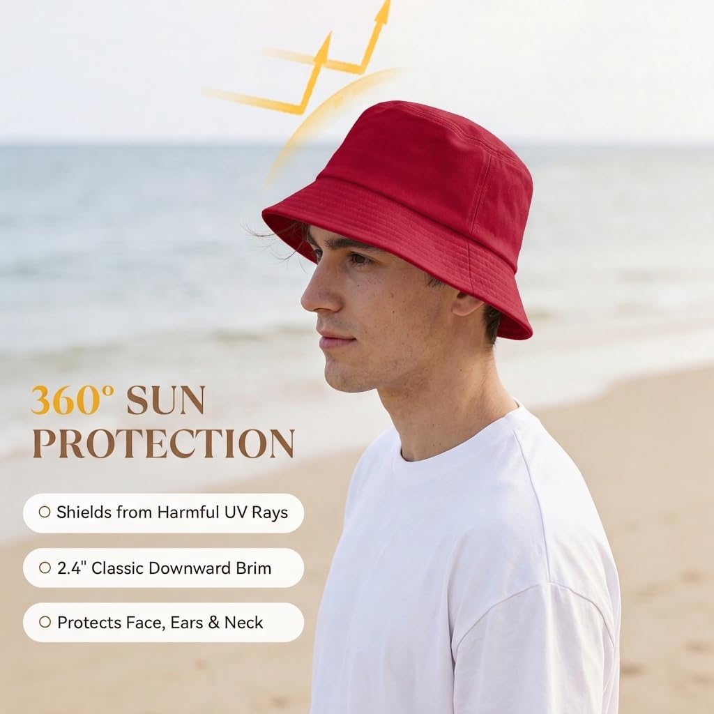 American Trends Sombrero de pescador de algodón, sombrero de protección solar para pesca en la playa al aire libre, Rojo, One Size