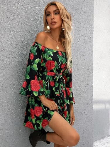 Image of Off Shoulder Ruffle Dress for Women, A-Line Mini Dress with Belt, Fitted Bust Summer Wedding Guest Dress