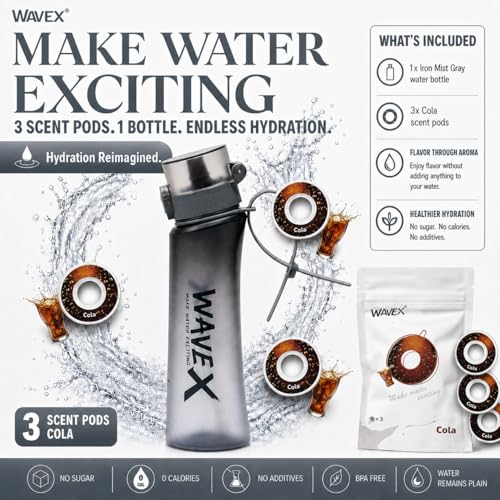 Image of WaveX Scented Water Bottle with 3 Cola Aroma Scent Pods, BPA Free, Flip Top Lid, Straw & Carry Strap Included, Enhance Hydration with Subtle Aroma Experience, No Sugar or Calories (Iron Mist Gray)