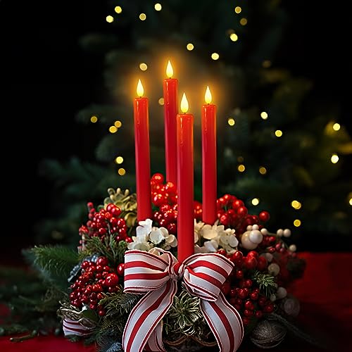 Image of Homemory 6 Pcs Flameless Taper Candles with Remote Timer Dimmer, Red Battery Operated Candlesticks Flickering, Plastic Led Taper Candles Realistic, 9.6 Inches for Party Holiday Celebrations Christmas