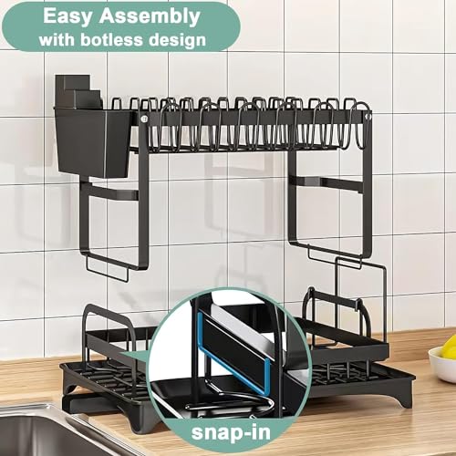 Image of 2 Tier Dish Drying Rack for Kitchen Counter with Drain Board, Swivel Drainage Spout & Cup Holder - Rust Resistant Metal Dish Drainer with Utensil Holder, Cutting Board Stand for Plates Bowls Cups