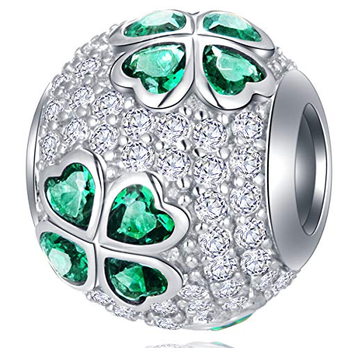 EMOSTAR Sparkling Dog Puppy Paw Print Charms, Four-Leaf Clover, and Green Leaves Charms fits Women Bracelet - Pave Clear Cubic Zirconia Beads in 925 Sterling Silver, Gifts for Christmas/Mom/Pet Lover