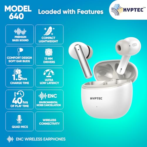 Image of KYPTEC Model 640 ENC Bluetooth Wireless Earbuds - Earbuds with Mic, Deep Bass 13MM Drivers, 40H Playtime, Fast Charging, Low Latency, Sleek Lightweight Design, True Wireless Earphones
