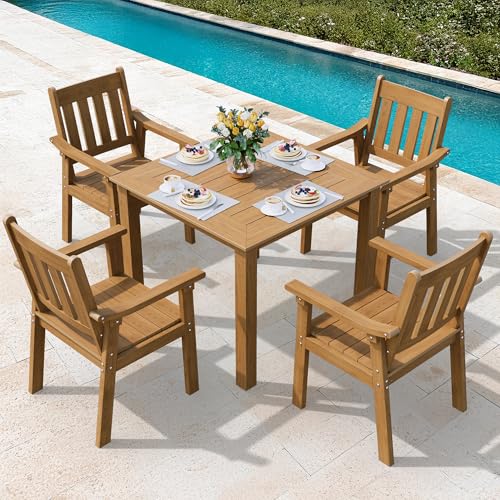 Image of YEFU HIPS Patio Table Set: 5 Piece Outdoor Square Table and Chairs with Metal Aluminum Frame - Teak Modern Plastic Patio Dining Furniture Set 4 Person for Outside Deck