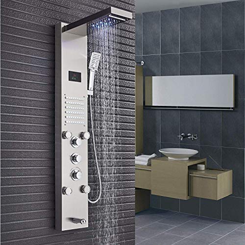Senlesen Brushed Nickel LED Rainfall Shower Panel Muti-function Faucet Rain Massage Jets System Tub Spout with Hand Shower Hand Sprayer Column - Thumbnail 4