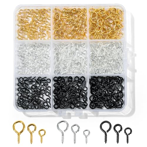 axiaxoq 450pcs Small Screw Pins Eye Pins 3 Color Eye Hooks Screw for Jewelry Making & Bead Charms Eye Screws for Art Projects Eye Hooks for Crafts (Gold Silver Balck 3 Sizer) (Gold Silver Balck)