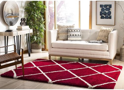 Image of AROMICK Modern Polyester Anti Slip Shaggy Fluffy Rug and Carpet for Living Room, Bedroom & Dining Room (4 x 6 Feet, Red Ivory Box)