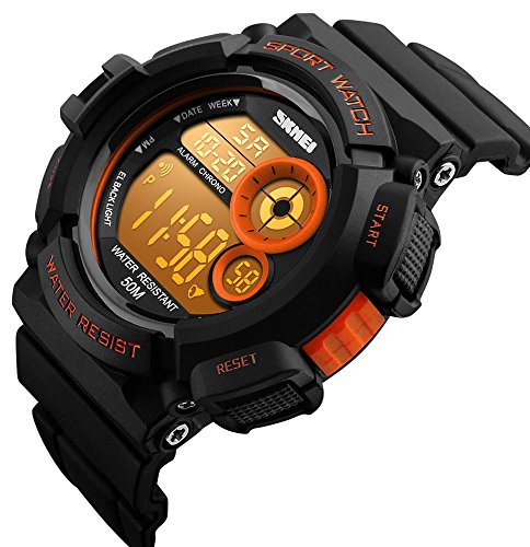 Fanmis Men's Digital Sport Watches Waterproof Military Multifunctional Led Backlight Rubber Strap Big Number Watch For Men (Black Orange) #TOP1