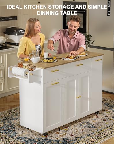 Linkriseed 55\" Kitchen Island with Storage, Island Table for Kitchen with Drawers, Flip-Top Trash Can and Pull-Out Cabinet, Side Tissue Holder and Hooks, Rolling Carts with 5 Wheels for Dining, White