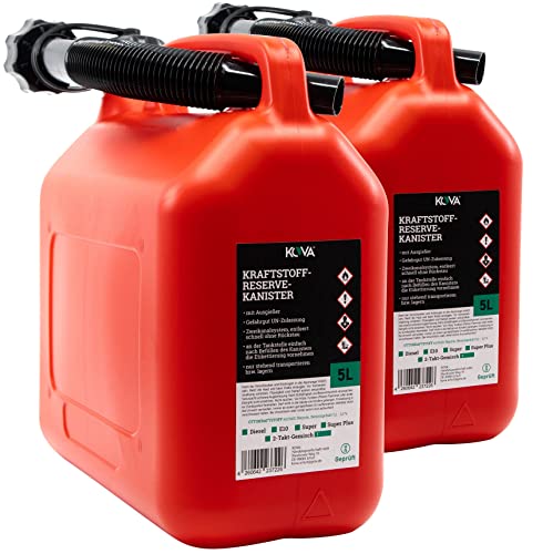 KOVA 2x 5L Benzinkanister - Kraftstoffkanister mit UN-Zulassung - Perfekt als Dieselkanister Reservekanister Kraftstoffkanister Wasserkanister Benzin Kanister - Auswahl: 5L 10L & 20L - ROT