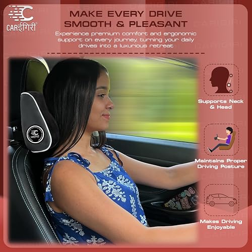 Image of Carigiri NeckXpert Car Neck Rest Pillow|1 Year Warranty|Memory Foam Neck Pillow| Seat Headrest Cushion| Car Neck Pillow for Neck Pain Relief in Office,Driving(Black,White Hemming,Pack of 1)