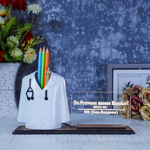 Image of Doctor Coat Pen Stand with LED Name Plate & Wooden Base | Customized Desk Organizer for Doctors & Medical Aspirants | Apron Shape Pencil Holder with Personalized Name Engraved Plate