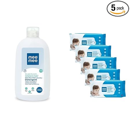 Mee Mee Mild Baby Liquid Laundry Detergent Bottle, 500ml & Caring Baby Wet Wipes, Aloe Vera, 72 Pieces (Pack of 5) Combo