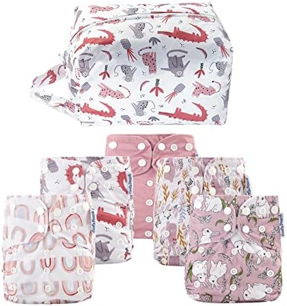 CoolaPeach Baby Cloth Diapers Washable Reusable Diapers for Baby Girls, One Size Adjustable Pocket Nappy Covers 5 Pack+ 5pcs Microfiber Inserts+ One Waterproof Bag