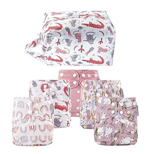 Image of CoolaPeach Baby Cloth Diapers Washable Reusable Diapers for Baby Girls, One Size Adjustable Pocket Nappy Covers 5 Pack+ 5pcs Microfiber Inserts+ One Waterproof Bag