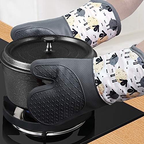 Gauntlet Oven Gloves With Silicone set of 2, Heat Resistant 500 F,Printing Cotton Lining,Oven Mitts And Pot Holders for Kitchen Cooking Gray Sheeps