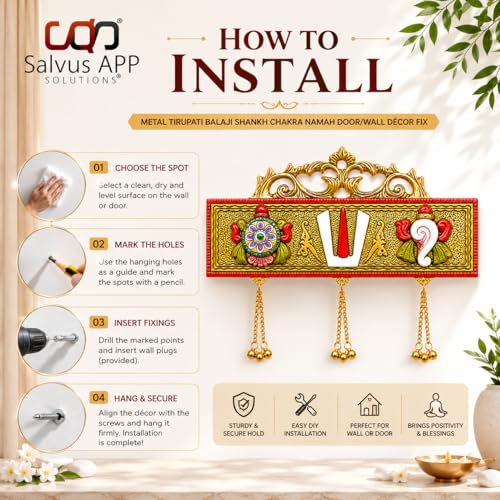 Image of Salvus APP SOLUTIONS Antique Decor: Tirupati Door /Wall Hanging with Shankh Chakra Namah & Metal Latkan - Elegant Home, Room, and Showpiece Figurines for Religious Housewarming Celebration