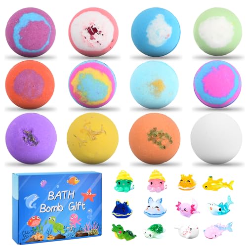 Ecofocet 12 Piezas Set de Regalo de Bombas de Baño con Juguetes Sorpresa, Naturales Bombas de Baño para Niños, Bolas de Baño Relajantes, Regalo para Niñas, Niños y Mujeres (Azul)