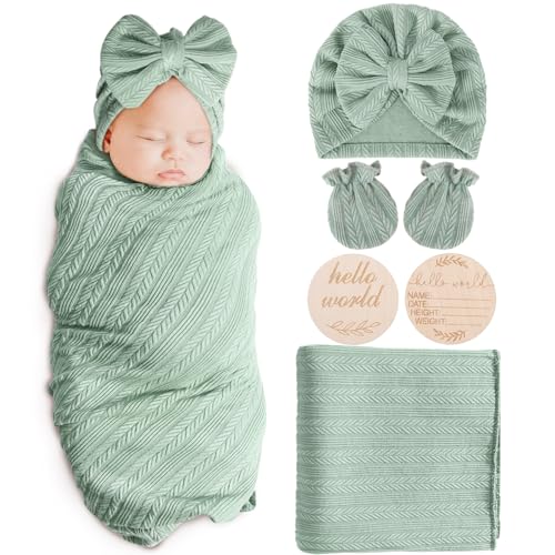 Image of AQOKKA Newborn Receiving Blanket Wheat-Pattern Baby Girl Swaddles Wraps with Bow Hat Mittens Wooden Card for Newborns Toddler Gift Baby Essentials