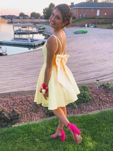 Women's V-Neck Homecoming Dresses for Teens with Bow 2025 Spaghetti Strap Short Prom Dress with Pocket2