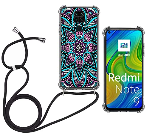 Abuenora Funda con Cuerda para Xiaomi Redmi Note 9, Carcasa Silicona Ultrafina Antigolpes Case con Correa Colgante de Cuello Dibujo Mandala Cover