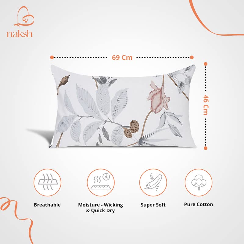Image of Naksh Cotton 186 TC Floral Pillow Covers Set of 2, White Pillow Cover | Sleep Pillow Covers (18 in x 27 in) | Soft Pillows Covers Cotton for Big Pillows